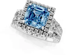 Fancy Blue Asscher Cut Diamond Halo Split Shank Ring Set in Platinum with Round Accent Stones and Prong Setting