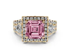 Fancy Pink Asscher Cut Diamond Halo Split Shank Ring Set in Yellow gold with Round Accent Stones and Prong Setting