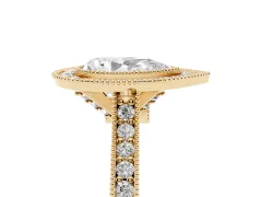 Pear Cut Diamond Halo Milgrain Pavé Band Ring Set in Yellow gold with Prong Setting