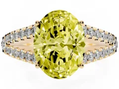 Fancy Yellow Oval Cut Diamond Split Shank Pavé Engagement Ring Set in Yellow gold with Prong-Held Center Stone