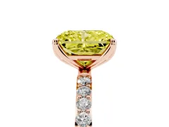 Fancy Yellow Radiant Cut Diamond Solitaire Engagement Ring Set in Rose gold with Round Pavé Band and Prong Setting