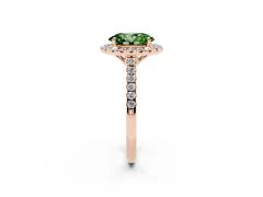 Fancy Green Oval Cut Diamond Pavé Halo Engagement Ring Set in Rose gold with Pavé Band and Prong Setting