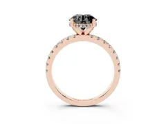 Fancy Black Round Cut Diamond Pavé Solitaire Ring Set in Rose gold with Round Band Accents and Prong Setting