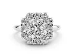 Princess Cut Diamond Milgrain Halo Solitaire Ring Set in Platinum with Bezel Set Side Stones and Pavé Band