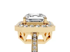 Asscher Cut Diamond Halo Ring Set in Yellow gold with Accent-Lined Split Shank and Prong Setting