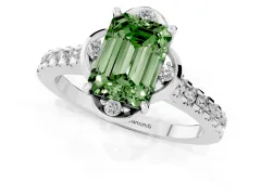 Fancy Green Emerald Cut Diamond Solitaire Ring Set in Platinum with Pavé Band and Floral Prong Setting