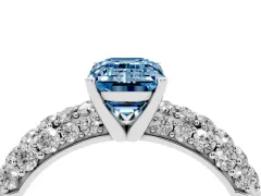 Fancy Blue Emerald Cut Diamond Pavé Band Solitaire Ring Set in Silver with Close-Set Accent Stones and Prong Setting