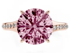 Fancy Pink Round Cut Diamond Solitaire Ring Set in Rose gold with Pavé Accent Band and Classic Prong Setting