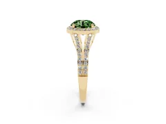 Fancy Green Round Cut Diamond Halo Split Shank Ring Set in Yellow gold with Accent Stones and Prong Setting