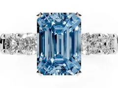 Fancy Blue Emerald Cut Diamond Five-Stone Prong Set Engagement Ring Set in Platinum with Channel Band