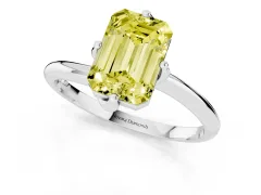Fancy Yellow Emerald Cut Diamond Solitaire Engagement Ring Set in Silver with Classic Plain Band