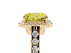Fancy Yellow Radiant Cut Diamond Halo Engagement Ring Set in Yellow gold with Pavé Band and Prong-Set Center