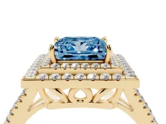 Fancy Blue Princess Cut Diamond Double Halo Ring Set in Yellow gold with Pavé Band