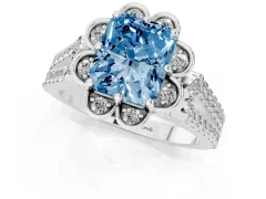 Fancy Blue Radiant Cut Diamond Floral Halo Split Shank Engagement Ring Set in Silver with Pavé Shank