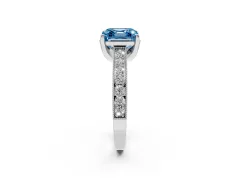 Fancy Blue Asscher Cut Diamond Solitaire Ring Set in White gold with Milgrain-Edged Pavé Band and Prong Setting