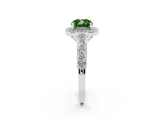 Fancy Green Cushion Cut Diamond Milgrain Halo Solitaire Ring Set in White gold with Bezel Set Side Stones and Pavé Band