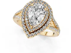 Pear Cut Diamond Double Halo Ring Set in Yellow gold with Pavé Band