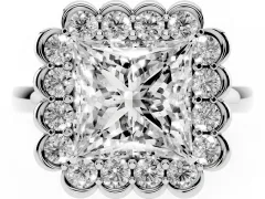 Princess Cut Diamond Halo Cluster Engagement Ring Set in White gold with Solitaire Band and Prong Setting