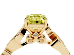 Fancy Yellow Emerald Cut Diamond Vine Band Solitaire Ring Set in Yellow gold with Milgrain Prong Setting