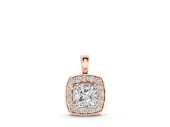Round Diamond Cushion Halo Pendant Set in Rose gold with Four-Prong Center