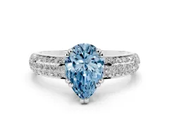 Fancy Blue Pear Cut Diamond Solitaire Ring Set in Silver with Multi-Row Round Pavé Band and Prong Setting