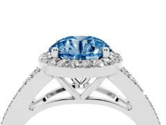 Fancy Blue Round Cut Diamond Halo Split Shank Ring Set in Silver with Accent Stones and Prong Setting
