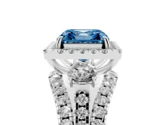 Fancy Blue Asscher Cut Diamond Halo Split Shank Ring Set in White gold with Round Accent Stones and Prong Setting