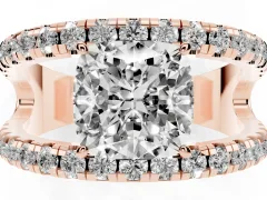 Cushion Cut Diamond Split Shank Pavé Solitaire Ring Set in Rose gold with Open Shank Design
