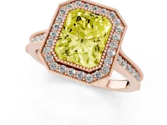 Fancy Yellow Radiant Cut Diamond Halo Milgrain Pavé Band Ring Set in Rose gold with Prong Setting