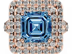 Fancy Blue Asscher Cut Diamond Double Halo Ring Set in Rose gold with Pavé Split Shank and Prong Setting