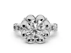 Round Cut Diamond Floral Halo Ring Set in White gold with Shared Prong Band