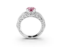 Fancy Pink Round Cut Diamond Art Deco Ring Set in White gold with Pavé Split Shank