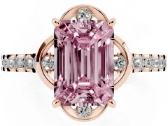 Fancy Pink Emerald Cut Diamond Solitaire Ring Set in Rose gold with Pavé Band and Floral Prong Setting
