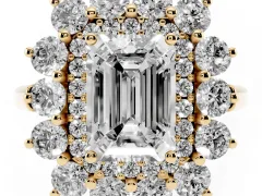 Emerald Cut Diamond Floral Double Halo Ring Set in Yellow gold with Round Petals