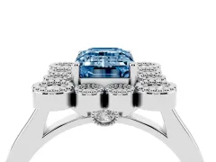Fancy Blue Emerald Cut Diamond Cluster Halo Ring Set in Platinum with Milgrain Bezel Accents and Plain Band