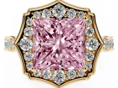 Fancy Pink Princess Cut Diamond Halo Engagement Ring Set in Yellow gold with Milgrain Band and Prong Setting