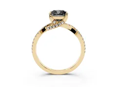 Fancy Black Cushion Cut Diamond Twist Pavé Solitaire Engagement Ring Set in Yellow gold with Prong Setting