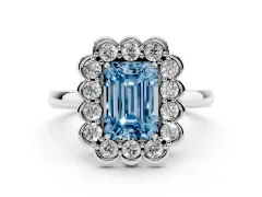 Fancy Blue Emerald Cut Diamond Halo Cluster Engagement Ring Set in White gold with Solitaire Band and Prong Setting