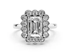 Emerald Cut Diamond Halo Cluster Engagement Ring Set in Silver with Solitaire Band and Prong Setting