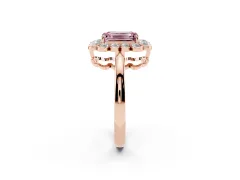 Fancy Pink Emerald Cut Diamond Halo Cluster Engagement Ring Set in Rose gold with Solitaire Band and Prong Setting