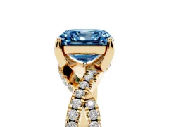 Fancy Blue Asscher Cut Diamond Twist Pavé Solitaire Engagement Ring Set in Yellow gold with Prong Setting