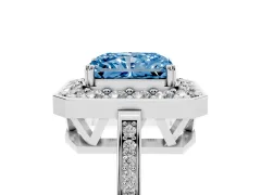 Fancy Blue Radiant Cut Diamond Halo Ring Set in Silver with Accent-Lined Split Shank and Prong Setting
