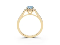 Fancy Blue Pear Cut Diamond Pavé Halo Engagement Ring Set in Yellow gold with Pavé Band and Prong Setting