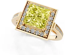 Fancy Yellow Princess Cut Diamond Halo Ring Set in Yellow gold with Accent-Lined Split Shank and Prong Setting