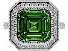 Fancy Green Asscher Cut Diamond Halo Milgrain Pavé Band Ring Set in White gold with Prong Setting