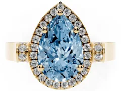 Fancy Blue Pear Cut Diamond Halo Ring Set in Yellow gold with Pavé-Lined Split Shank Band