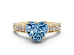 Fancy Blue Heart Cut Diamond Solitaire Ring Set in Yellow gold with Milgrain-Edged Pavé Band and Prong Setting