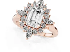Emerald Cut Diamond Cluster Halo Ring Set in Rose gold with Marquise and Round Accents