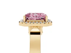 Fancy Pink Radiant Cut Diamond Halo Ring Set in Yellow gold with Pavé-Lined Split Shank Band