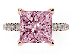 Fancy Pink Princess Cut Diamond Solitaire Ring Set in Rose gold with Brilliant Pavé Band and Prong Setting